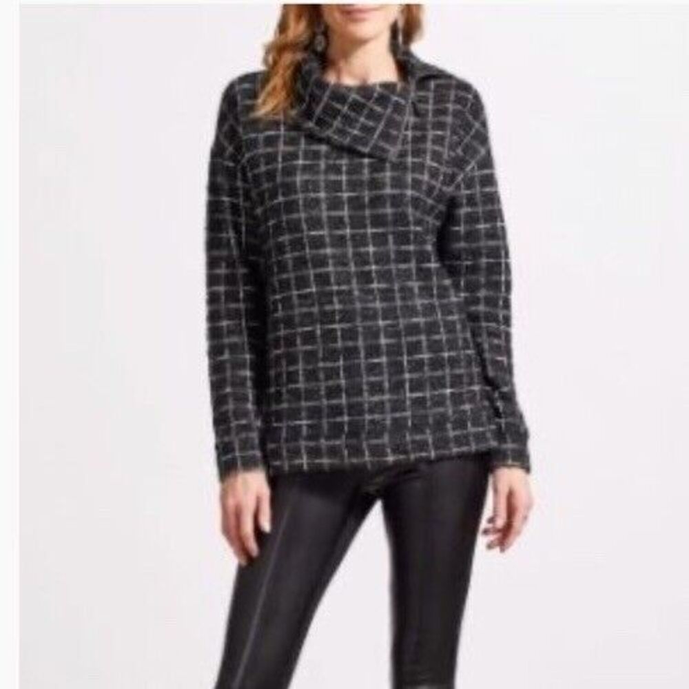 Tribal Women's M Black Sweater Boat Neck‎ W Zipper Side Oversized Checks City